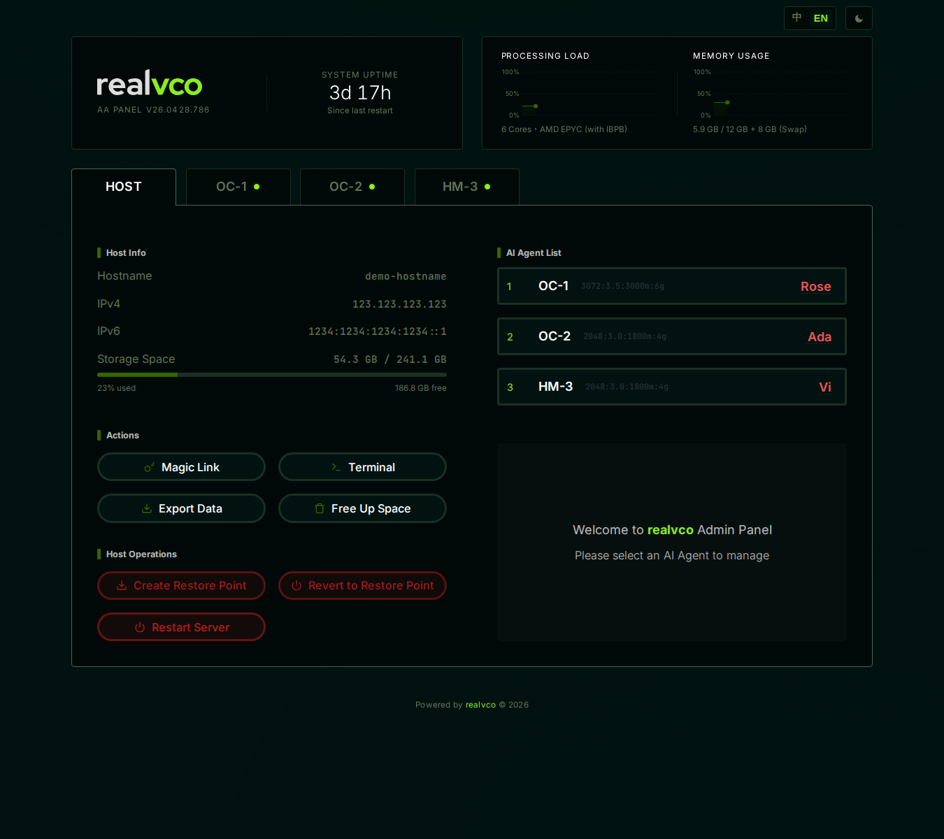 HOST tab full view